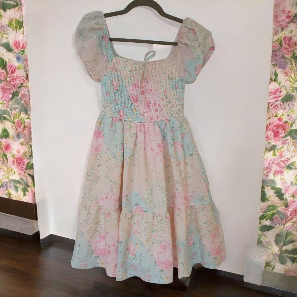 SUGAR KISS Floral Printed Smocked Tiered Mini Dress SIZE M (2)